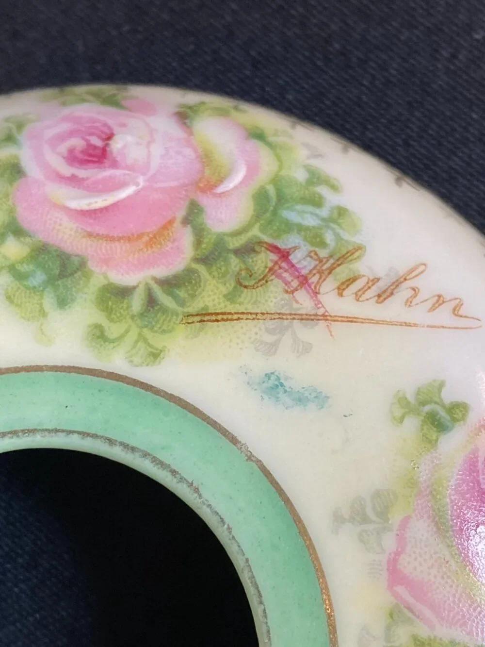 Antique Royal Rundlstadt Porcelain Hair Receiver Green with Roses 1905-1931